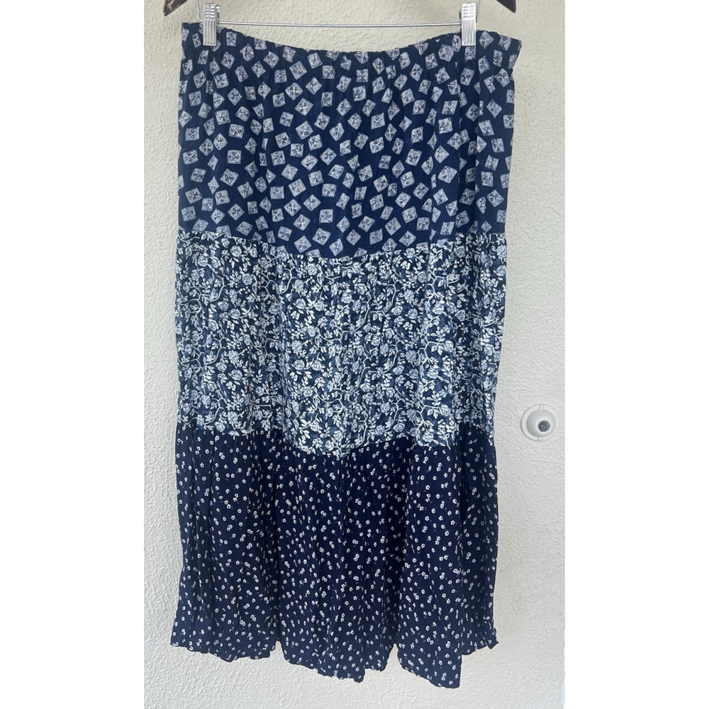 Vintage Boho Patchwork Maxi Skirt M Blue Floral Tiered Hippie Cottage Prairie